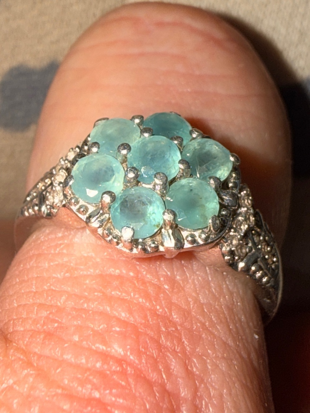 ✨Rare ✨925 Sterling Silver Grandidierite & Diamond Flower Cluster Ring Sz8 - Picture 8 of 17